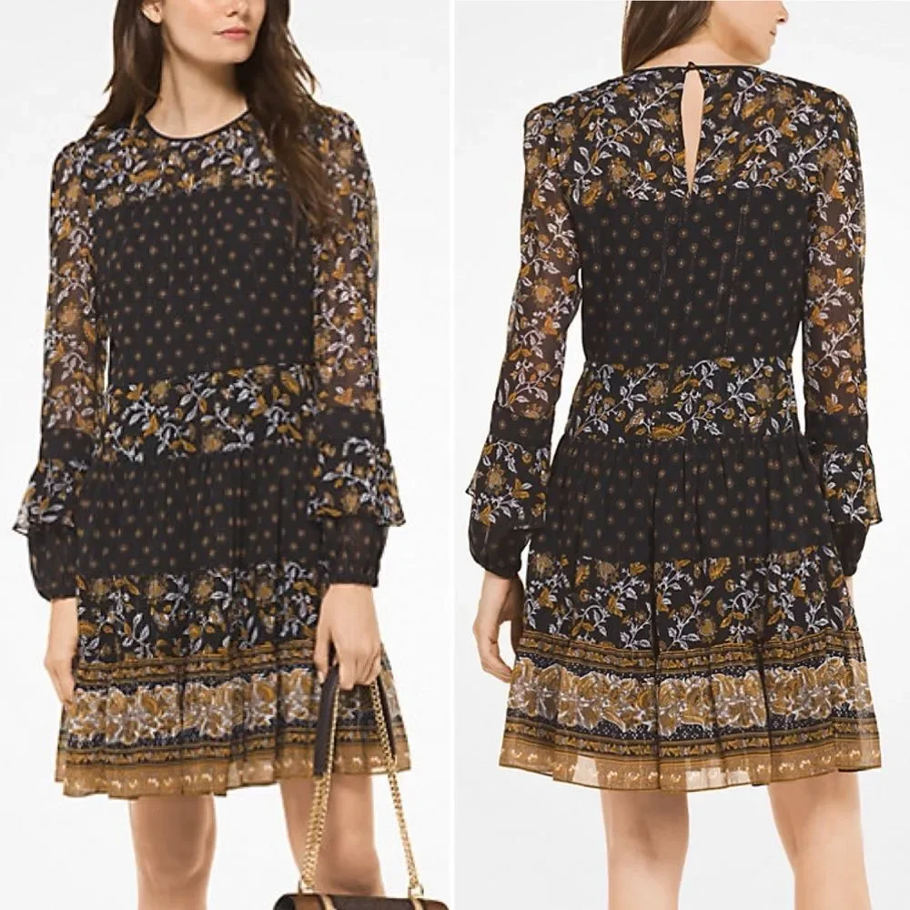 Michael Kors Mixed Botanical Print Georgette Dress Boho Flowy Women’s Size XXS